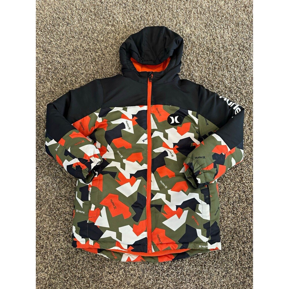 Hurley Boys Hooded Insulated Puffer Jacket Full Zip Camo Multicolor S 7/8
